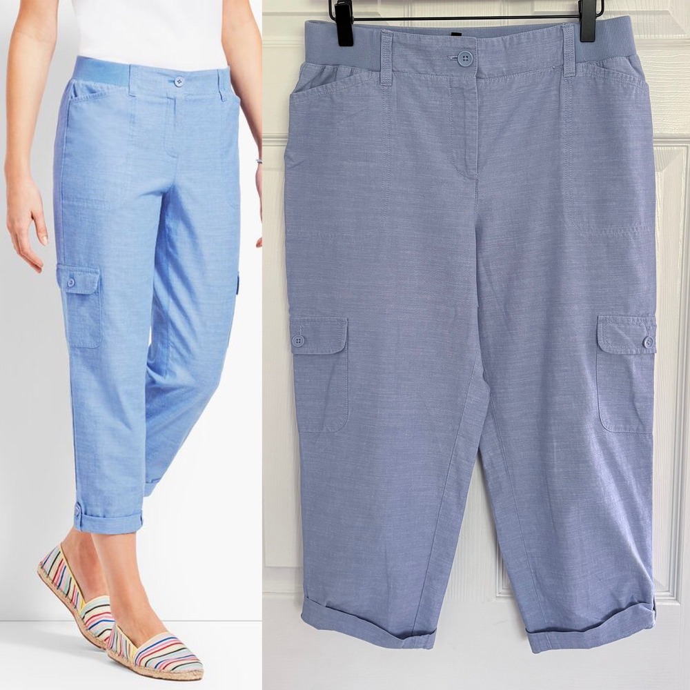 Talbots Cargo Capri Pants 8P Blue Cropped Chambray Poplin‎ Utility Trousers